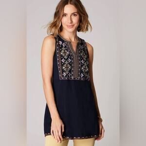 J. Jill Women's Navy Blue Boho Embroidered Tank Top Size Medium